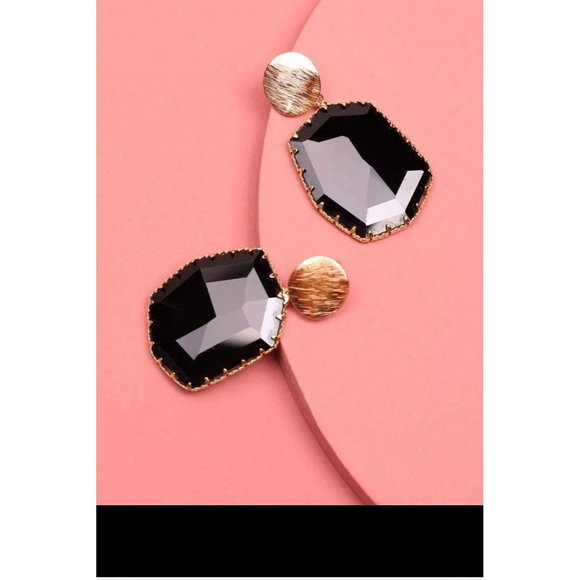 black statement earrings glass crystal gold , black wedding earrings chunky - Picture 1 of 2